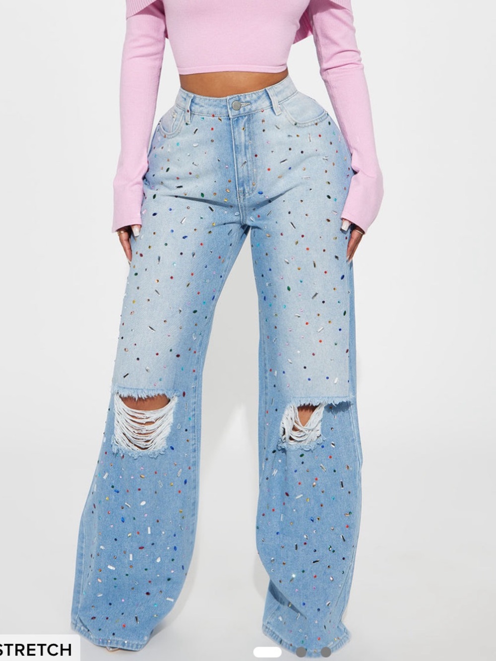 Make It Shine Light Wash Embellished Ripped Baggy Jeans - Pink/Blue